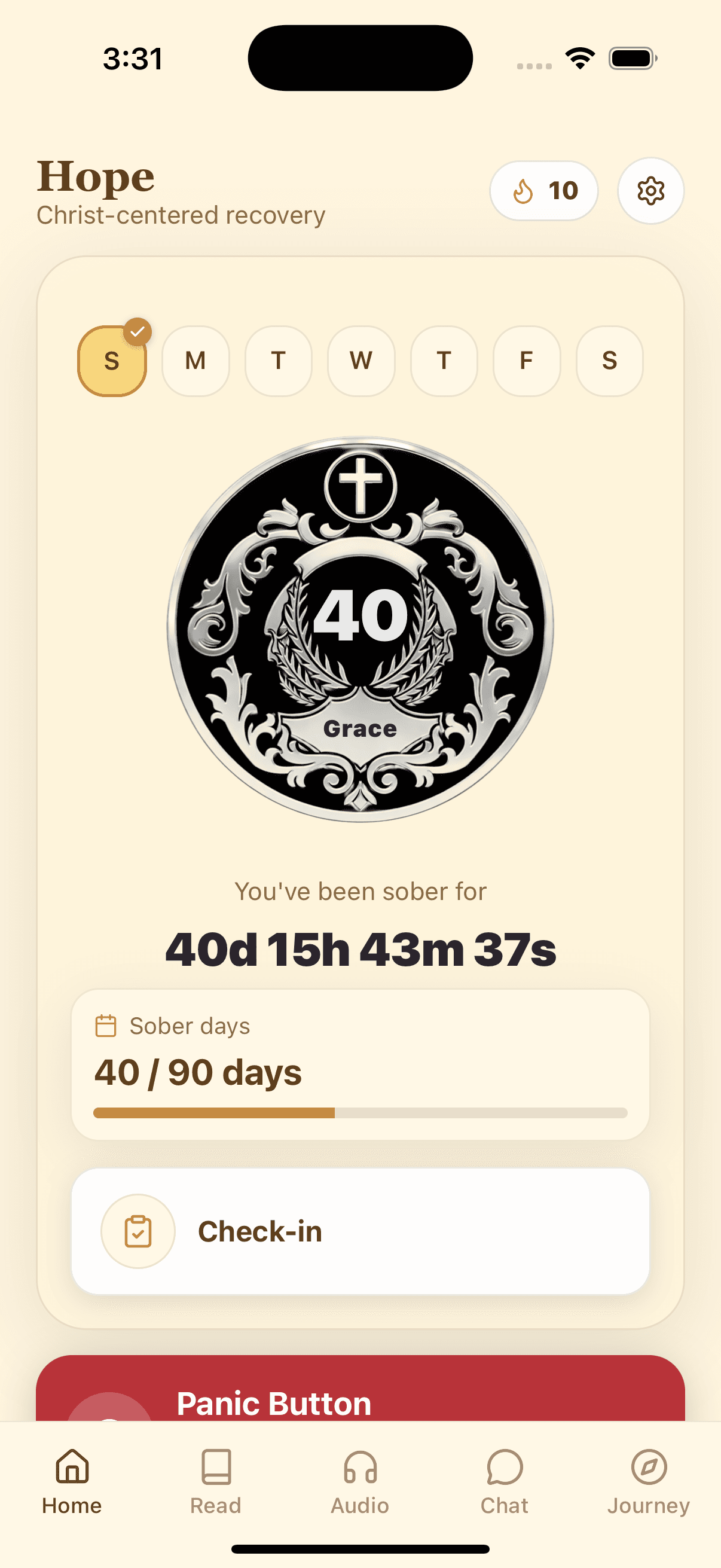 Hope app sobriety dashboard showing a 40-day milestone and daily check-in