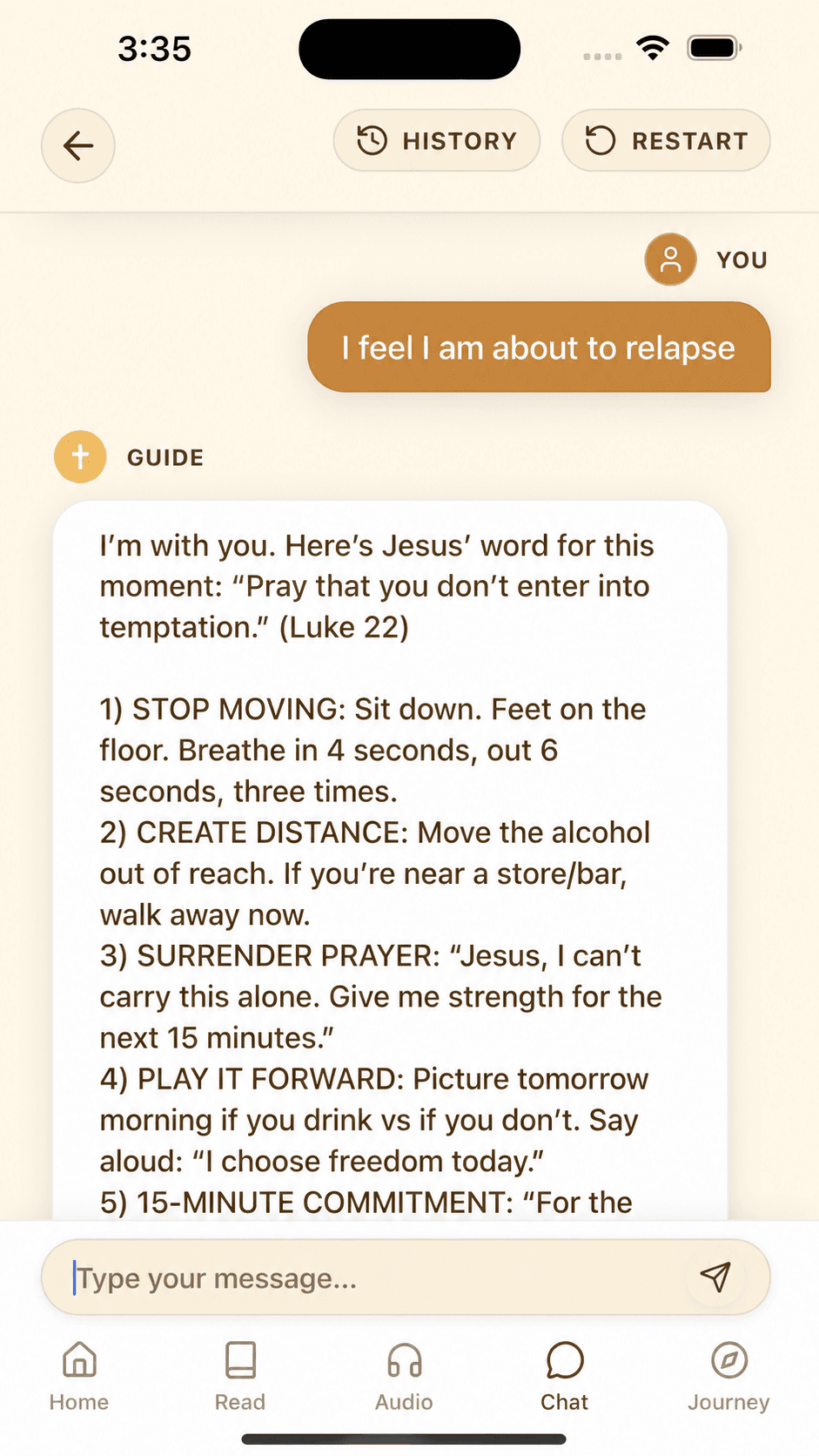 Hope app daily check-in screen