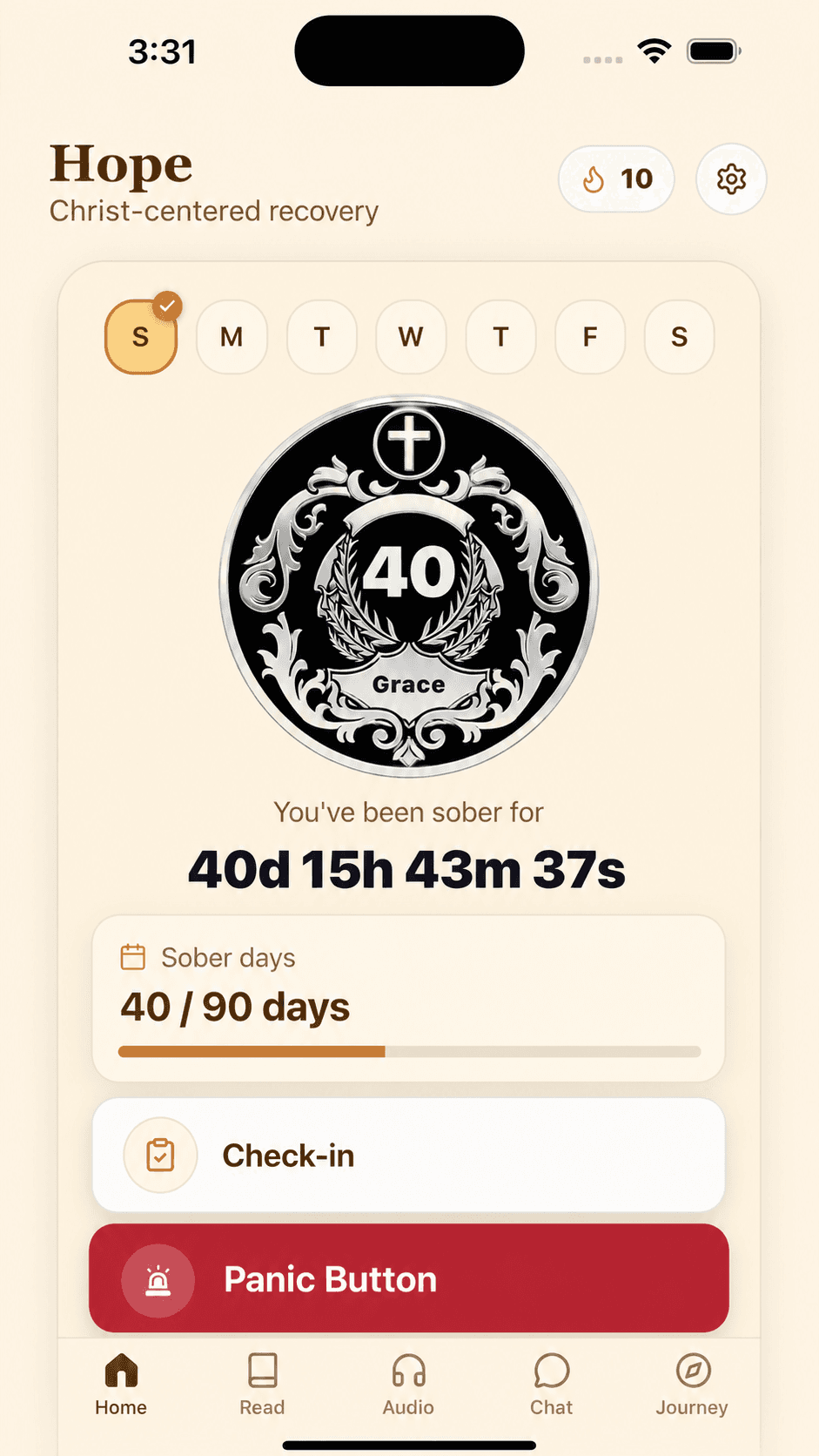 Hope app home screen showing sober day tracking and a check-in