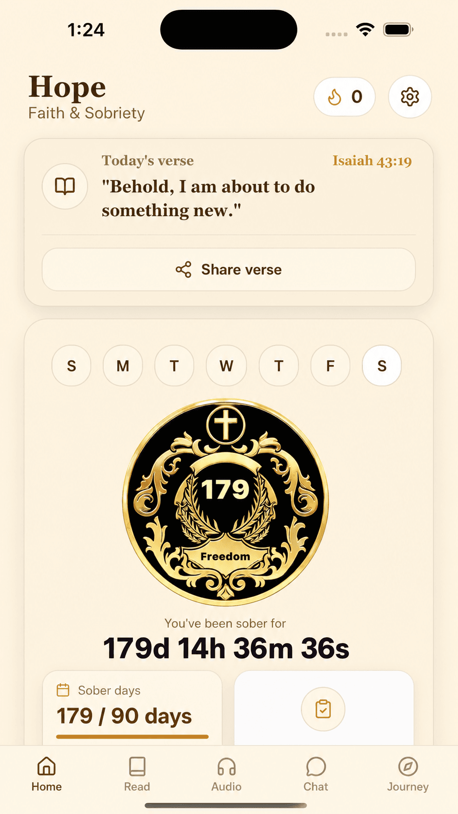 Hope app home screen with a daily verse and sobriety milestone